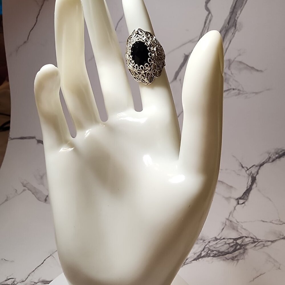 Vintage 925 Silver Black Onyx Filigree Ring - Picture 7 of 8
